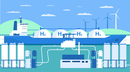 The gas carrier ship is unloaded at the liquefied hydrogen receiving terminal. Vector illustration.