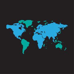 World map icon vector illustrations, blue world map on black background silhouette isolated.