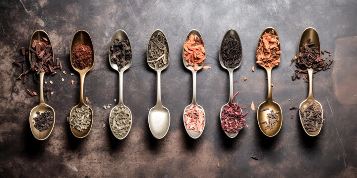 The image conveys an assortment of dry tea in vintage spoons - generative ai.