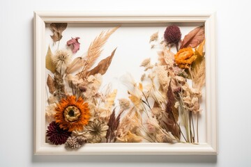 White background, picture frame, dried flowers. Generative AI