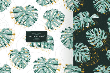 hand drawn exotic monstera leaves pattern