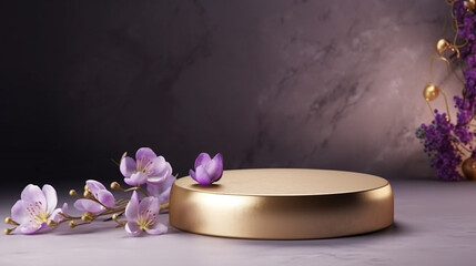Obraz na płótnie Canvas Marble Purple Gold Table Top, Round Podium Pedestal, Abstract Cosmetic Beauty Background Showcase Product Mock up Display, Back Drop, Empty Luxury Presentation Scene with Spring Flowers. Generative AI