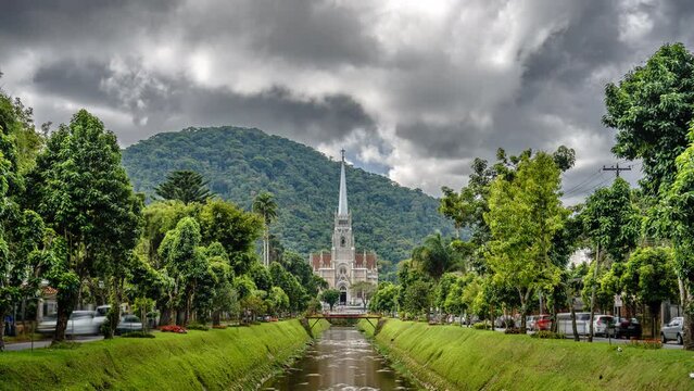 Time Lapse of Petropolis Cathedral with Stormy Sky, Fast-Paced City Life