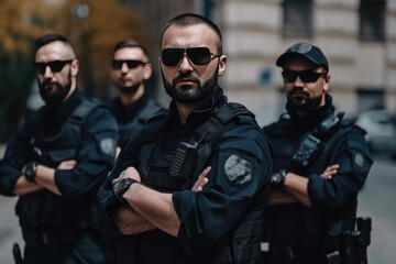 Portrait serious young men cops team. Generative AI