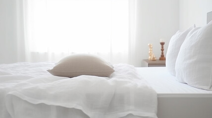 White bedding sheets and pillow background, Messy bed concept created with generative ai technology