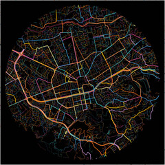 Tirana, Albania editable colored lines in a circular mask. Circular high resolution map of Tirana.