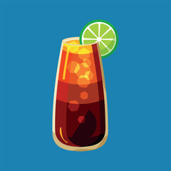 Vector glass of long island cocktail with slice lime and ice cubes isolated on blue background. Colorful illustration of classical summer alcohol drink.Long Island iced tea icon
