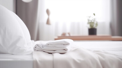 White bedding sheets and pillow background, Messy bed concept created with generative ai technology