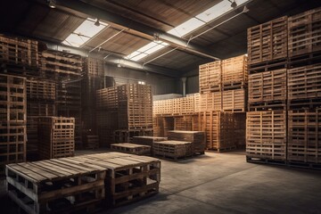 Wooden facility with racks and pallets. Generative AI