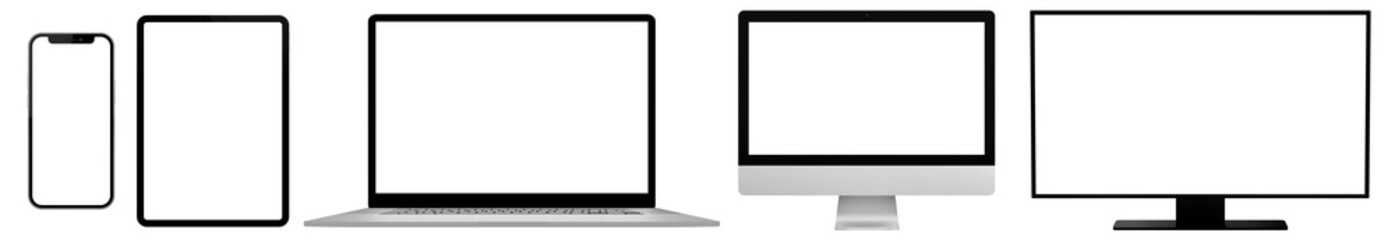 Smartphone, Tablet, Laptop Computer Monitor and TV Television mockup isolated with transparent screen png	
 - obrazy, fototapety, plakaty