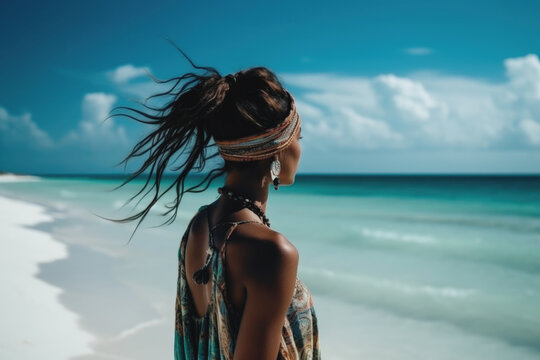 Beautiful black woman, in boho dress on the beach, wearing stylish boho accessories, Generative ai
