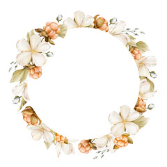 Watercolor floral round frame with delicate blooming cloudberries, leaves, branches. Isolated on white background. For invitation, greeting design.