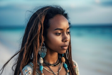 Close up portrait of beautiful black woman, in boho dress on the beach, wearing stylish boho   accessories, Generative ai