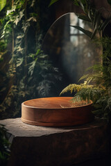 Natural Slate Stone Top, Round Podium Pedestal, Empty Cosmetic Beauty Background Showcase Product Mock up Display, Back Drop, Empty Luxury Black & Green Natural Plant Scene with Flowers & Moss. AI