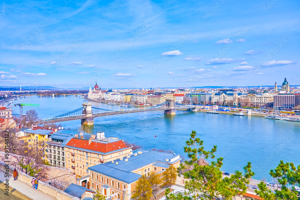 Poster Panorama of Budapest with Danube river, Szechenyi Chain Bridge and Parliament, Hungary