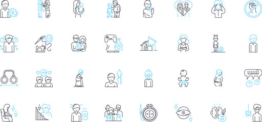 Child development linear icons set. Growth, Milests, Cognition, Communication, Language, Socialization, Play line vector and concept signs. Bonding,Attachment,Emotion outline illustrations