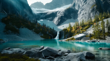 Illustration of the waterfall. Falling river water or mountain waterfall. lake in the mountains. Generative AI