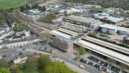 Ascending over Newton Abbot train station in Devon, UK
