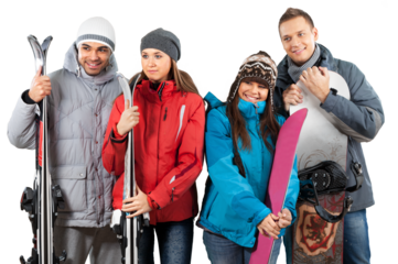 Happy young snowboarder and skiers couples isolated on white background