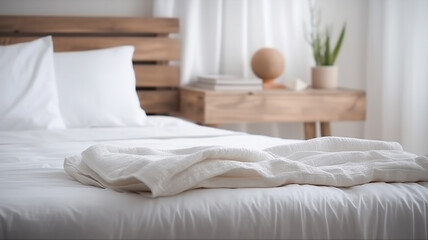 Obraz premium White bedding sheets and pillow background, Messy bed concept created with generative ai technology