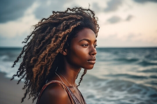 Close up portrait of beautiful black woman standing on the beach, Generative ai