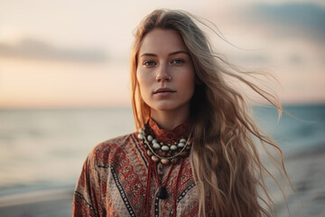 Fototapeta premium Portrait of beautiful woman standing on the beach, wearing stylish boho dress and jewlery, Generative ai