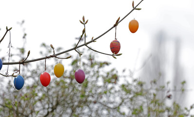 Easter bouquet with colored eggs on a branch
