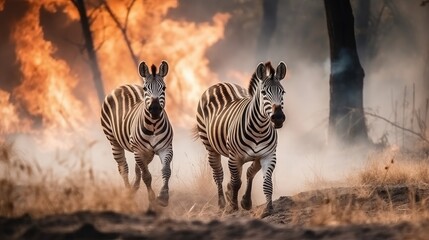 Obraz na płótnie Canvas Scared zebras family runs away from grassland fire, largest prairie wildfire natural disaster, frightened zebras fleeing for save their lives, thick acrid smoke from burning grassland, generative AI