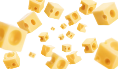Flying delicious cheese cubes cut out