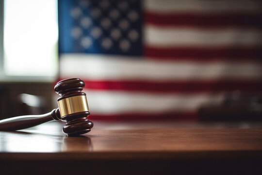 A judges gavel hammer with an American flag. USA law and order. Generative ai