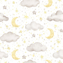 Seamless pattern with night sky,clouds,moon,stars. - 597149164