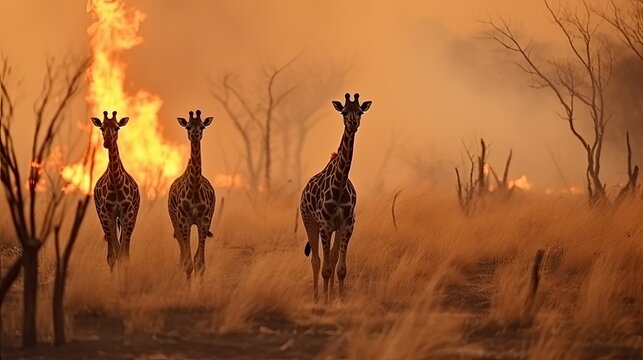 Scared giraffes family runs away from grassland fire, largest prairie wildfire natural disaster, frightened giraffes fleeing for save their lives, acrid smoke from burning grassland, generative AI