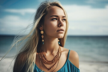 Portrait of beautiful woman standing on the beach, wearing stylish boho dress and jewlery, Generative ai