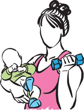 fitness mom with baby exercise after birth gym workout healthy lifestyle vector illustration