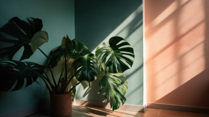 Shadows cast on a pastel room wall with tropical summer plants. Background mockup for product display. Generative ai