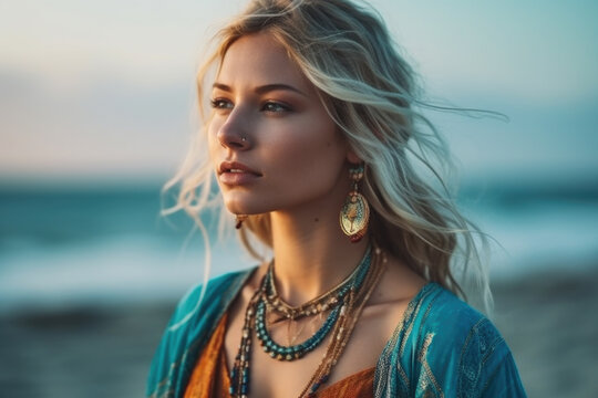 Portrait of beautiful woman standing on the beach, wearing stylish boho dress and jewlery, Generative ai