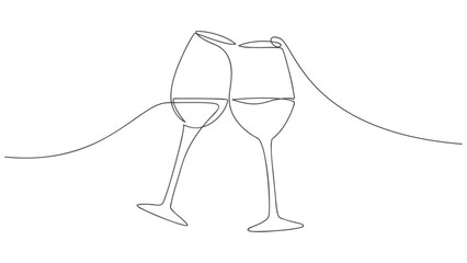 Continuous one line drawing of two glasses of wine. Concept of celebrate. Vector illustration