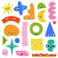Vector set with colored shapes of paper with smiling faces and emotions. Moon, stars, triangle, square, circle, waves. Creative childish sticker pack print design collection, paper cut abstract style  - 597149979