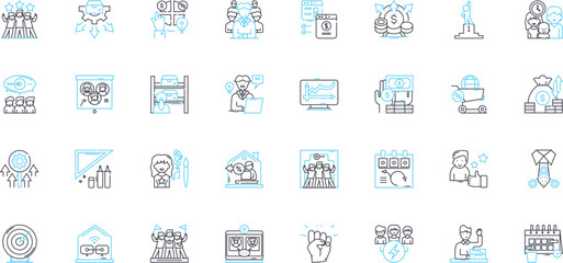 Office space linear icons set. Desk, Chair, Meeting, Collaboration, Coffee, Ph, Printer line vector and concept signs. File,Bookshelf,Statiry outline illustrations