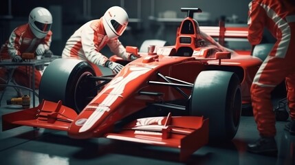 Formula 1, racing car at pit stop, maintenance technical team, generative ai