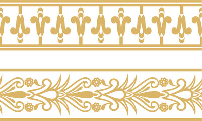.Vector set of two gold seamless Egyptian border. Endless Ornaments of Ancient Egypt. Geometric African frame.