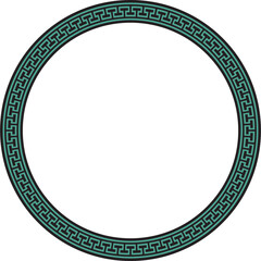 Vector green and black round frame, border, classic Greek meander ornament. Patterned circle, ring of Ancient Greece and the Roman Empire..