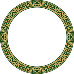 Vector gold and green Kazakh national round pattern, frame. Ethnic ornament of the nomadic peoples of Asia, the Great Steppe, Kazakhs, Kirghiz, Kalmyks, Mongols, Buryats, Turkmens