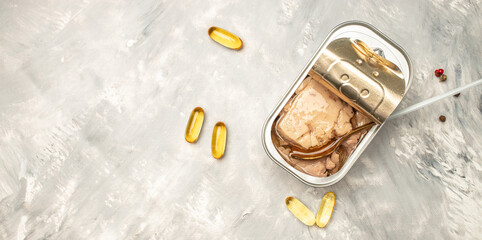 liver cod, Canned seafood, Natural source of omega 3. Long banner format. top view