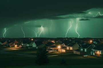 Green skies illuminating houses in a lightning storm. Generative AI