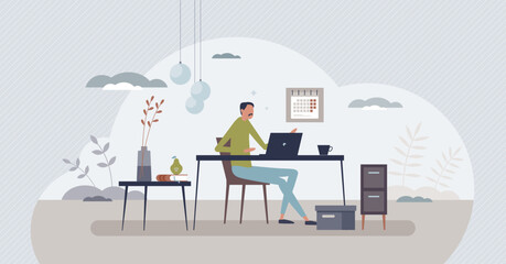 Home office organization and work from home time management tiny person concept. Effective business tasks in cozy, loft style apartment vector illustration. Workspace for freelancer job and study.