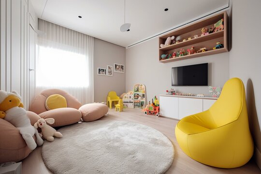 White Wall, Yellow Recliner In Kids' Room. Generative AI