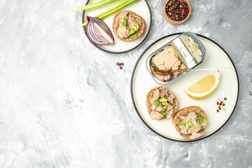 open sandwiches with cod liver and green onion, Natural source of omega 3. banner, menu, recipe place for text, top view