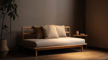 Sofa for interior architecture with Japan style, minimalist design with clean lines and a neutral color palette. It is low to the ground and made of natural materials such as wood and fabric.