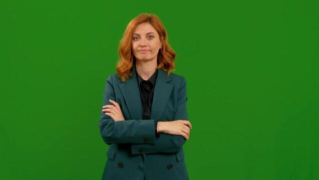 Young woman say no more sign closed her mouth on green screen background. Keep the secret from others gesture.